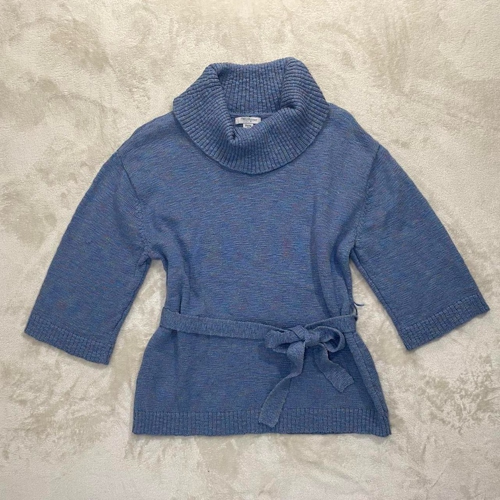 Mercer Street Studio Blue turtleneck knit sweater with tie waist belt